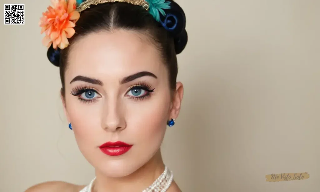 Una moda ecléctica bloggers foto exhibe una fusión única de elegancia vintage y chic hipster con ojos azules profundos enmarcados por gruesas pestañas negras y un intrincado updo adornado con accesorios de pelo colorido.