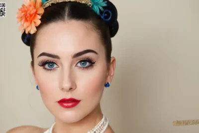 Una moda ecléctica bloggers foto exhibe una fusión única de elegancia vintage y chic hipster con ojos azules profundos enmarcados por gruesas pestañas negras y un intrincado updo adornado con accesorios de pelo colorido.