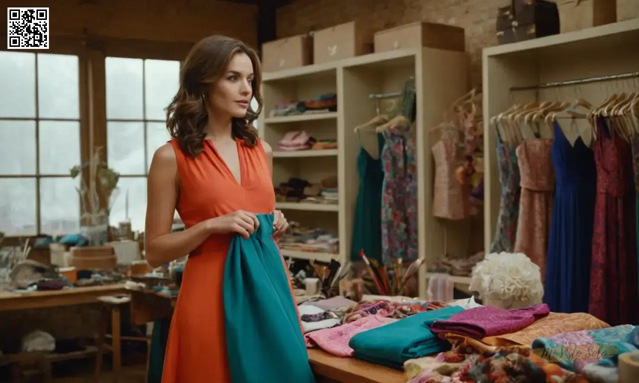 Una fotografía retrato representa a un blogger de moda elegante en medio de su taller bullicioso lleno de prendas y accesorios coloridos. Las suaves corrientes de luz a través de la ventana cercana, iluminando la escena mientras examina con entusiasmo un vestido intrincado diseñado en un maniquí mientras se dirige a su público sobre sus características de diseño único. Su confiada y curiosa expresión invita a los espectadores a aprender de su experiencia tanto en la artesanía como en la artesanía.