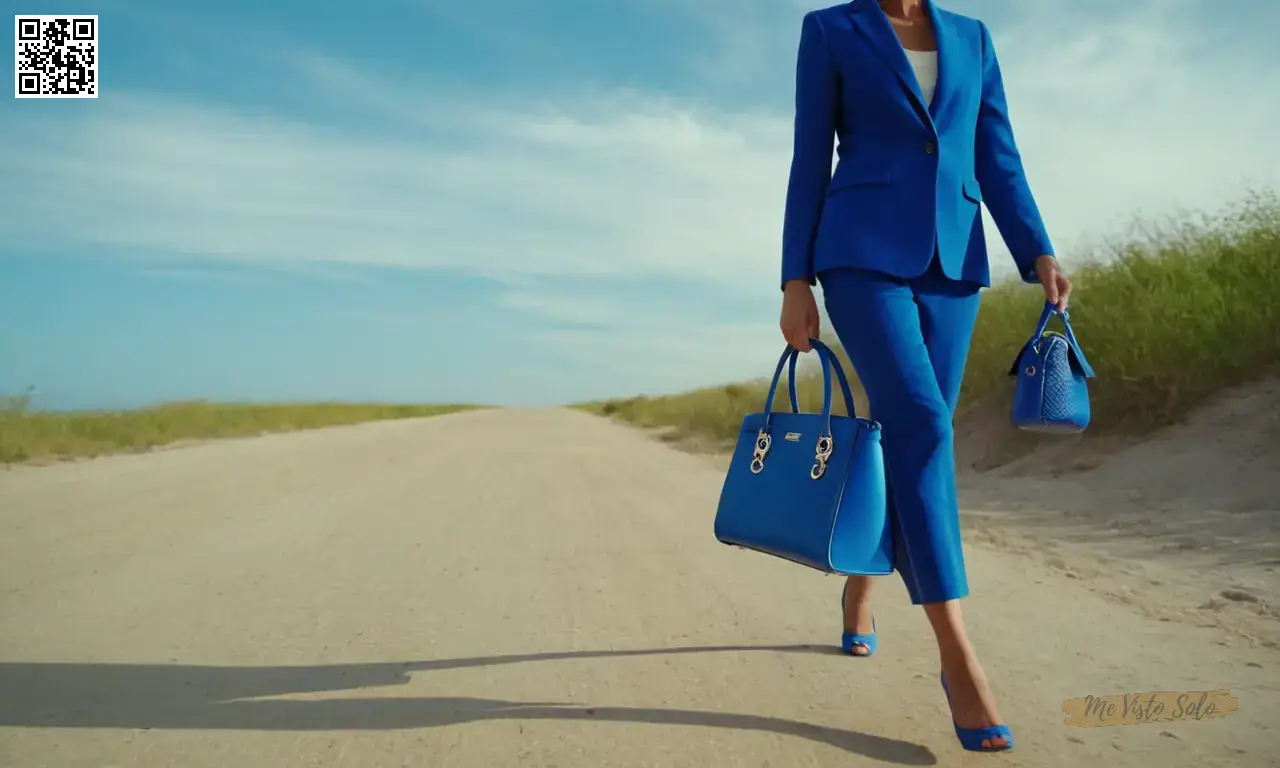 Un retrato fotorrealista que representa una figura icónica adornada en un bolso azul audaz, exudiendo la gracia mientras caminan con gracia hacia el horizonte.