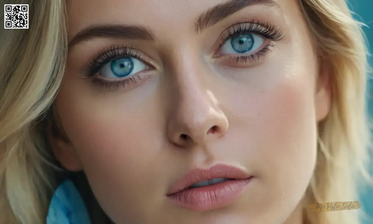 Un retrato hiperrealista cautivador muestra una belleza enigmática con ojos azules mesmerizantes enmarcados por largas pestañas entre sombras giratorias que reflejan sus pensamientos interiores.