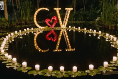 Una ceremonia de voto de boda con un signo único en forma de corazón flotante con el que te amo en forma circular sobre los lirios de agua rodeados de luciérnagas de cuento de hadas.