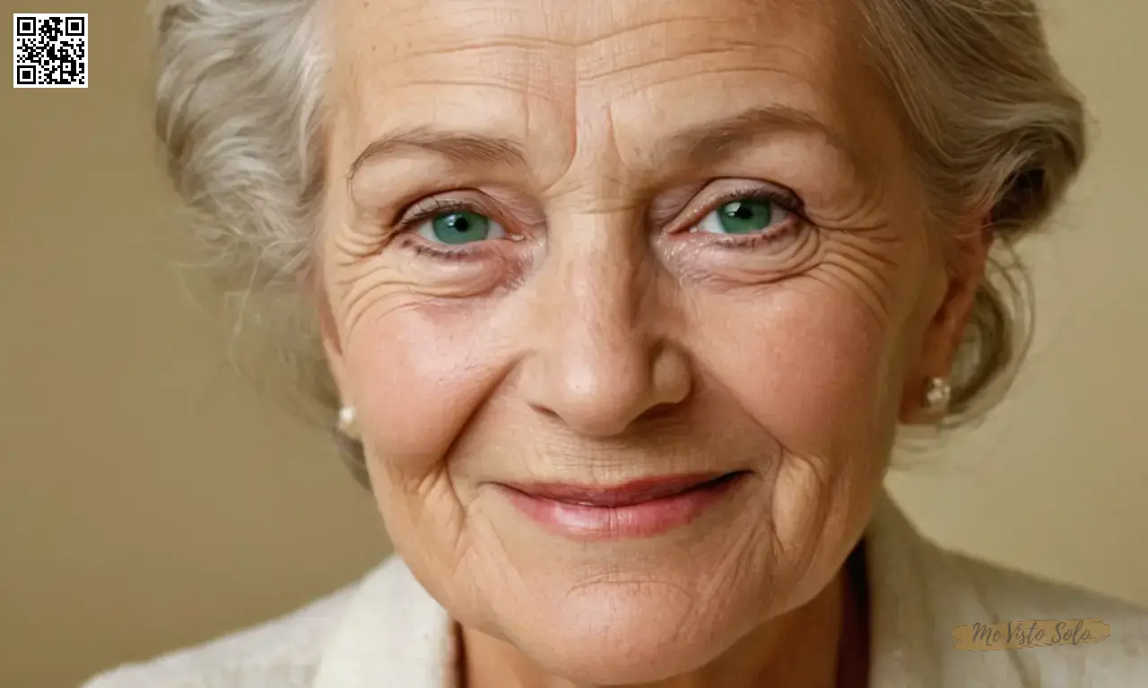 Un retrato superrealista de una anciana con piel templada exhibe intensos ojos esmeralda, su suave sonrisa mostrando líneas de risas débiles alrededor de las esquinas. La perspectiva de la vista de tres cuartos revela arrugas detalladas en pómulos altos y la frente crea como luz suave ilumina desde abajo, sombras de fundición que enfatizan la textura profunda del ojo y las líneas de pelo intrincadas.