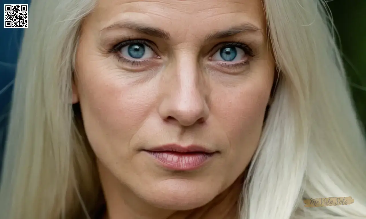 Una fotografía de candid captura a una mujer argentina con ojos azules perforantes y pelo largo platino en sus 40 años, vista desde un ángulo único que acentúa sus características faciales llamativas evocando vulnerabilidad dentro de la fuerza.