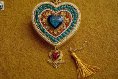 Un alzacuello ornamentado con encajes intrincados detallando y borlas doradas forma la base para un amuleto en forma de corazón en medio de un mosaico vibrante de cuentas coloridas