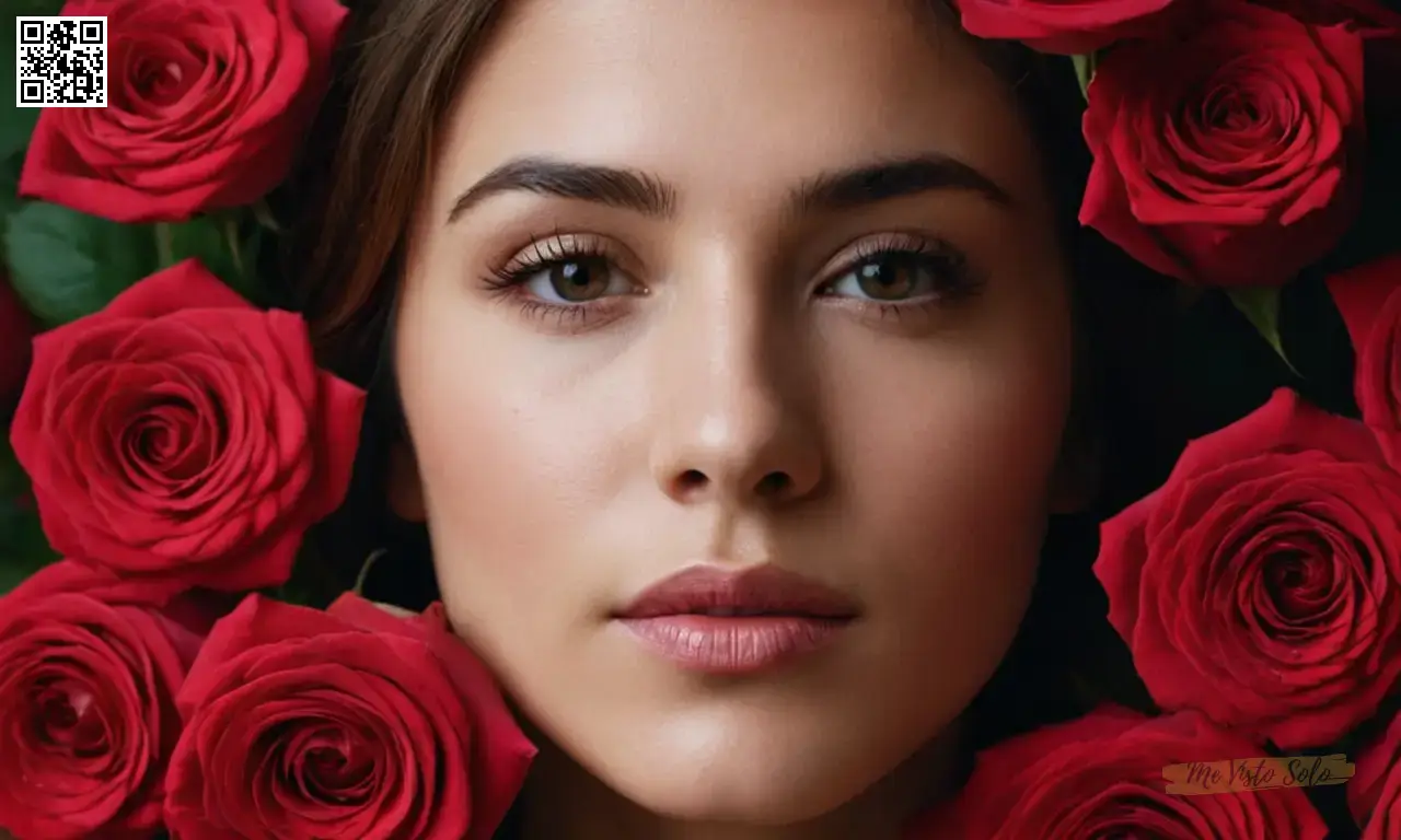 Un retrato cautivador describe su rostro como rosas intrincadamente detalladas entrelazadas con características humanas, simbolizando amores doble naturaleza.