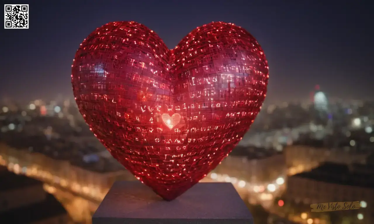 Fotografía de retrato hiperrealista mostrando un corazón rojo vibrante en medio de un paisaje urbano borroso lleno de mensajes de amor.