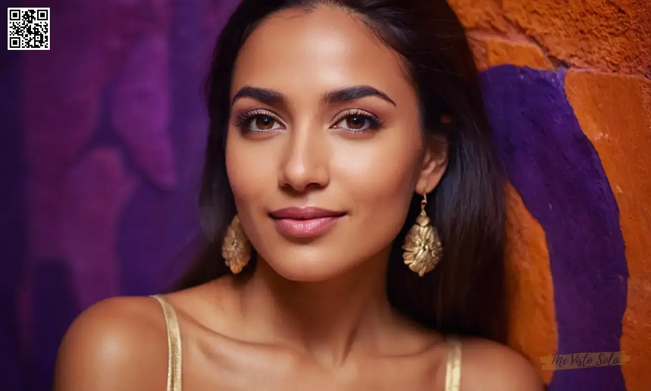 Una fotografía de retrato captura la mirada cautivadora y la sonrisa enigmática de una misteriosa mujer latinoamericana con los ojos ámbares llamativos en medio de un fondo abstracto en profundos tonos púrpuras, evocando emociones que van desde la intriga a la admiración mientras se inclina hacia adelante invitando a los espectadores a su mundo.