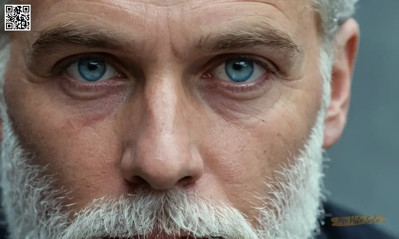 Un retrato detallado de la cara de un hombre revela sus ojos azules blandos con cejas gruesas de sal y pimienta y una barba blanca recortada, mostrando una mezcla de sabiduría y maldad. Esta imagen superrealista captura una cara expresiva a través de una piel altamente texturada que transmite fuerza y vulnerabilidad.