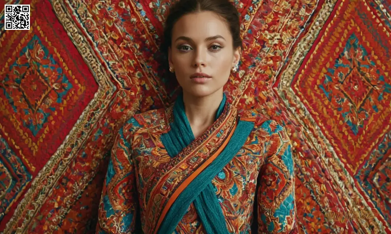 Un retrato fotorrealista de una figura humana elegante adornada con un patrón textil de moda elaborado emergente de su cuerpo, mostrando patrones intrincados y colores vibrantes.