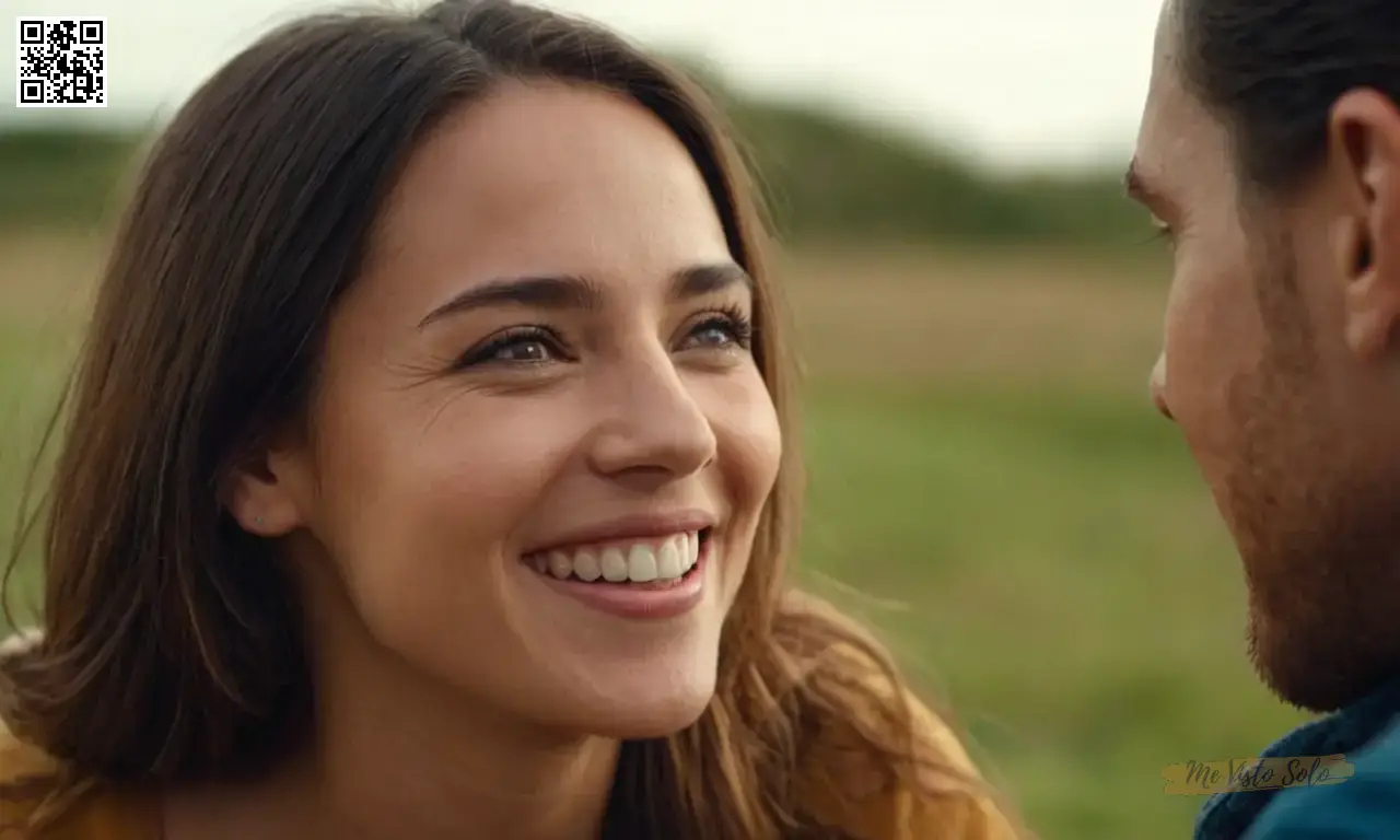 Visualizar un reencuentro entre una mujer y su pasado más feliz con sonrisa radiante y ojos llenos de emociones.