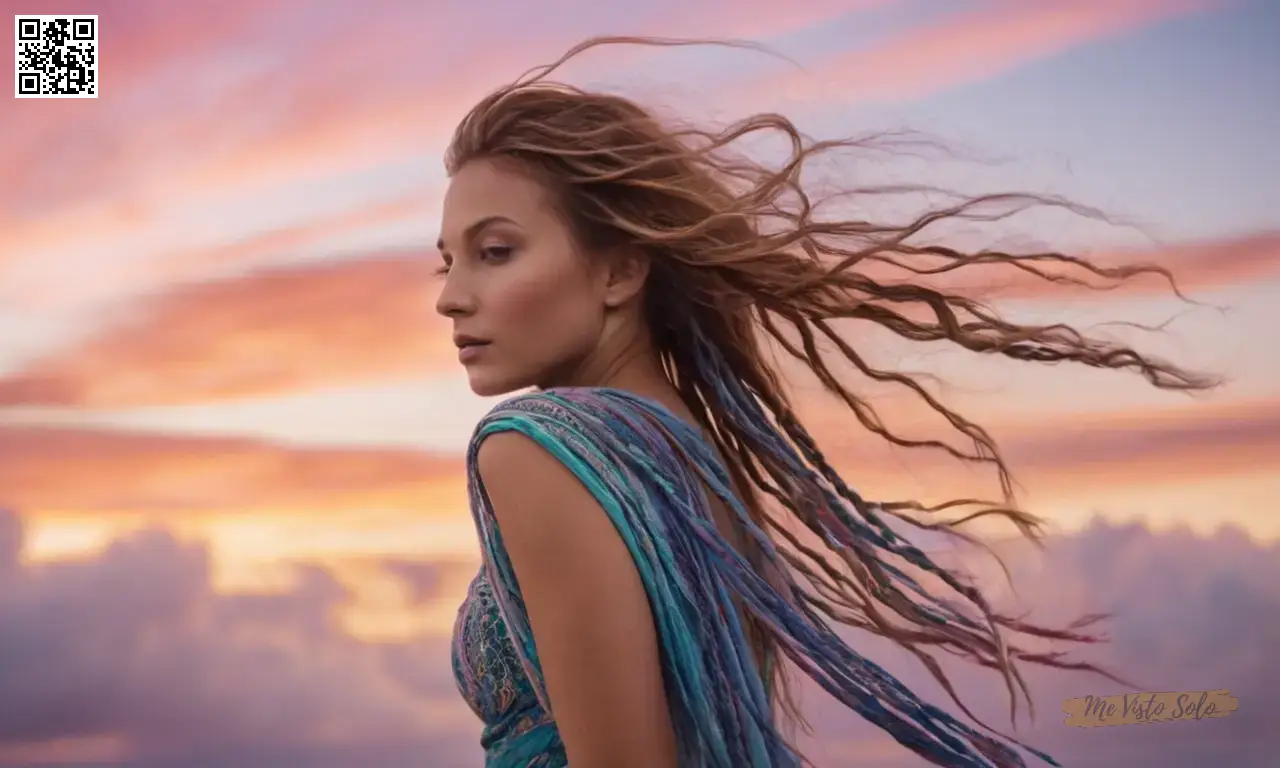 Un retrato fotorrealista en enfoque suave representa hilos intrincados entrelazando a través de esquís giratorios en tonos vibrantes, mezclando el cabello humano en el lienzo aéreo sin costuras mientras destacando hilos de tela usados contra la textura de los cielos.