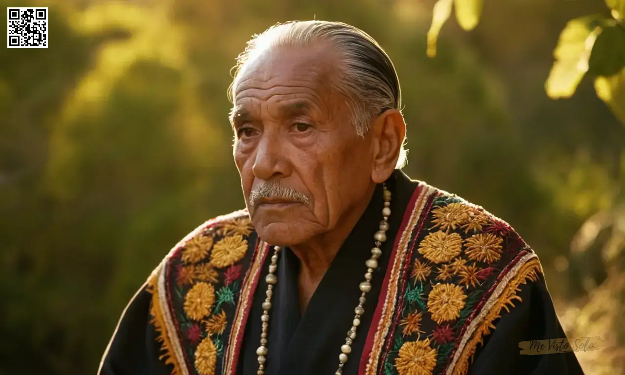 Una fotografía de retrato muestra a un viejo mexicano adornado con bordado intrincado en sus tradicionales túnicas bordadas, su mirada contemplativa fija más allá del marco como suave luz dorada acentúa arrugas robustas y ojos cálidos en medio del exuberante follaje azteca.