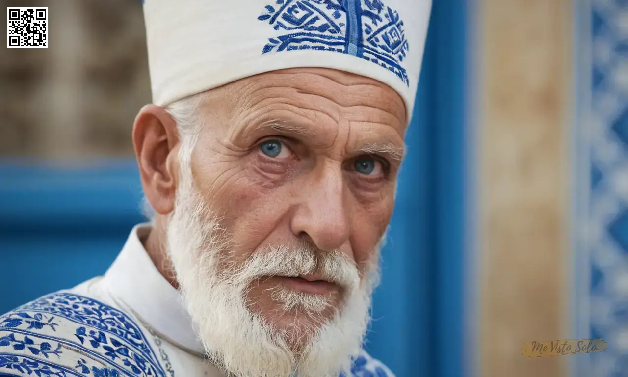 Un retrato fotorrealista mostrando a un viejo griego con ojos azules y una barba blanca corta, vestida con atuendo tradicional adornado con patrones intrincados.