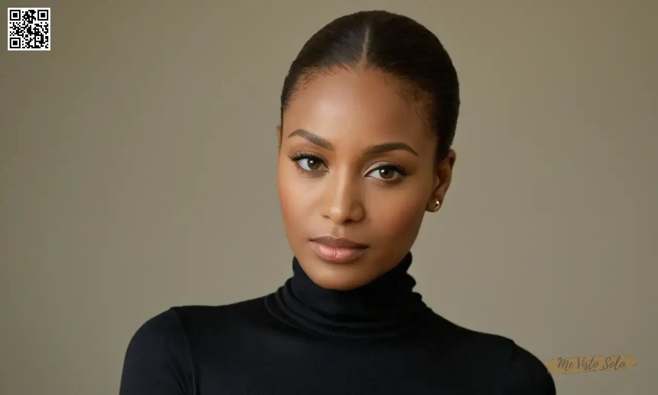 Realizar una fotografía de retrato fotorrealista mostrando a una mujer africana mirando con ojos mesmerizantes de avella y una tez impecable; lleva un elegante vestido de cuello de tortuga negro y tacones, exudiendo tanto la confianza como la vulnerabilidad en su sorprendente acercamiento.