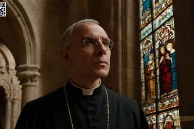 Un retrato fotorrealista representa a un sacerdote pensante de pie ante una antigua fachada de la iglesia adornada con tallas de piedra intrincadas y delicados paneles de vidrio manchado. La iluminación Dramática destaca sus características templadas