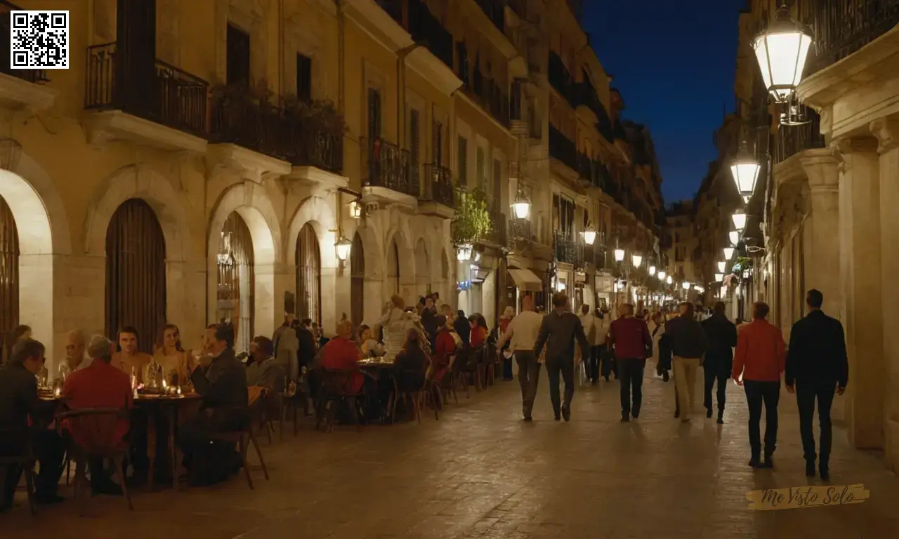 Retrato hiperrealista mostrando la vibrante vida nocturna de los barrios históricos del centro de Madrid.