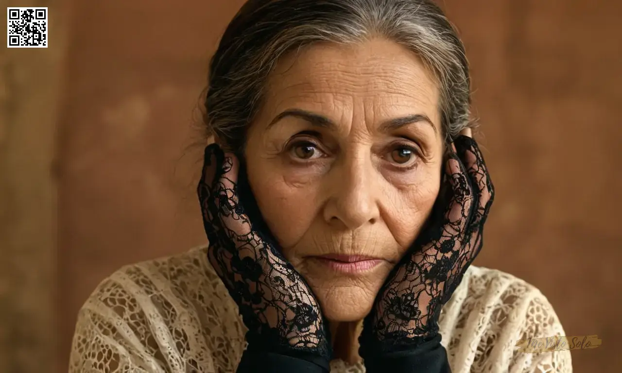 Un retrato superrealista de una mujer española envejecida en un contexto que combina perfectamente su aspecto juvenil con la decadencia urbana nostálgica de Chamberí en Salamanca. La composición enfatiza la suave luz difusa sobre su cara arrugada y guantes de encaje intrincados, arrojando sombras dramáticas para crear contrastes llamativos entre la vida y la muerte. Sus ojos sostienen historias incalculables, mientras que su cabello cuidadosamente modelado enmarca las escenas melancolía atmósfera.