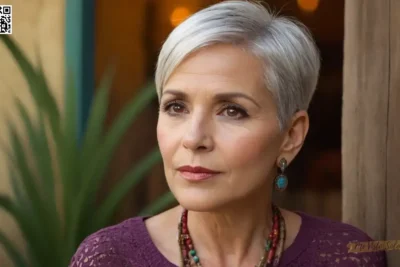 Una mujer de mediana edad con pelo corto de plata y ojos marrones profundos muestra su singular estilo bohemio en este retrato de alta definición. Destaca la atención al detalle incorporando accesorios vintage y un armario minimalista