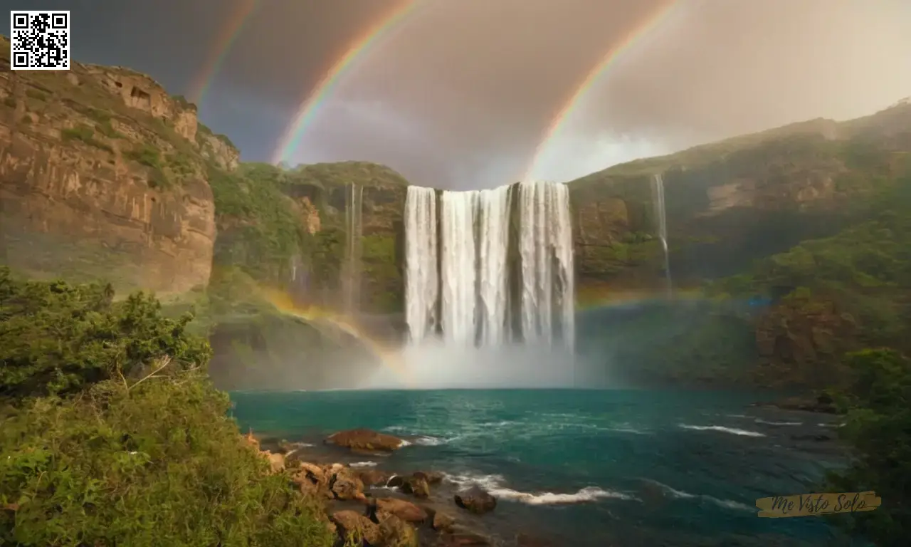 Visualiza un retrato fascinante de fusión de un antiguo texto cristiano y un paisaje digital fascinante con arco iris vibrantes, cascadas que caen con rayos de luz etéreos sobre estructuras cristalinas que reflejan hues reminiscentes de vidrieras manchadas. Esta escena cautivadora muestra la tipografía intrincada mezclando en motivos arquitectónicos surrealistas que evocan la espiritualidad y se preguntan en medio de la belleza divina.