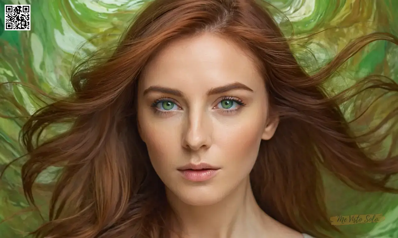 Un retrato intenso muestra a una mujer con ojos verdes cautivadores y pelo castaño fluyendo sin costuras mezclando en una composición abstracta de colores giratorios que reflejan sus emociones evocando la tranquilidad.