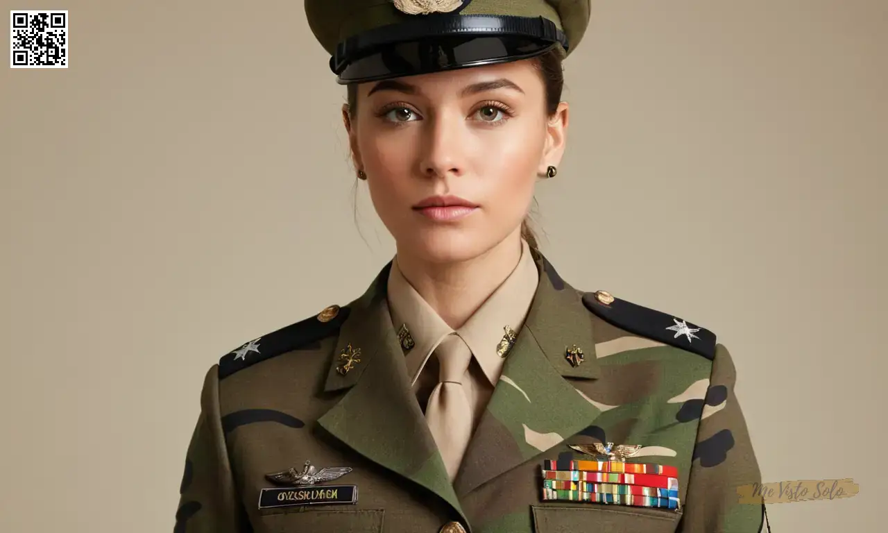 Una atrevida fotografía de un retrato inspirado en el camuflaje digital de un individuo de moda donando elementos uniformes militares perfectamente integrados con sofisticado atuendo y accesorios.