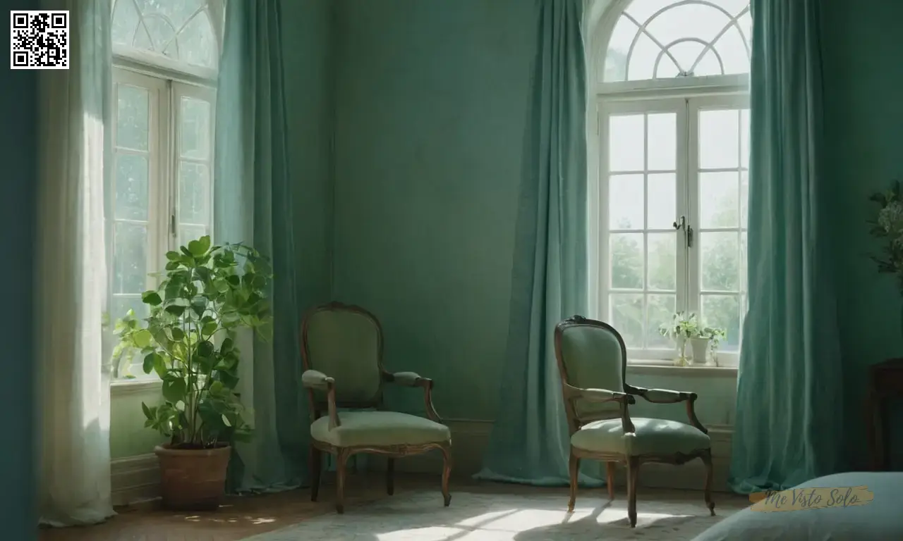 Un retrato sereno con tonos azules y verdes suaves, capturando momentos etéreos mientras la luz del día se fusiona en las sombras dentro de una habitación íntima.