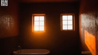 Un solo rayo de sol naranja vibrante baña una habitación oscura por una pequeña ventana.