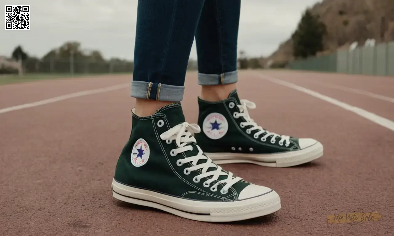 Una mujer española de moda lleva pantalones denim de alta cintura con tapa de encaje y zapatillas con personajes de dibujos animados.