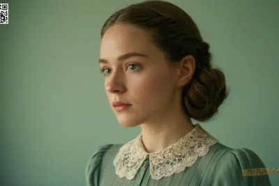 Un retrato superrealista muestra a una jovencita cuello de encaje delicado en un vestido vintage de inspiración de cámara; creas oculares sutiles y líneas de piel transmiten cansancio de larga exposición