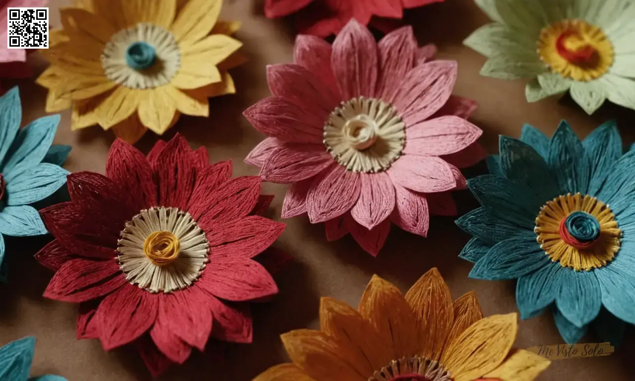 Artesanía flores de encaje de papel intrincado con hilos coloridos y trozos de tela en una elaborada guía paso a paso a través de estos tutoriales de arte material ornamentado.