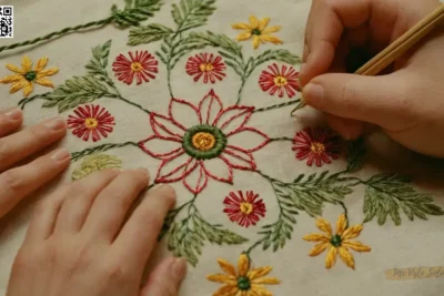 Una guía que enseña la elaboración de artículos tradicionales bordados utilizando hilo y tela con patrones simples pero intrincados para plantas y decoraciones.