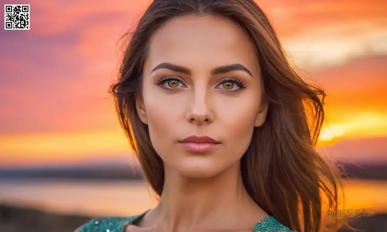 Una fotografía de retrato muestra a una mujer elegante exudiendo la confianza y el estilo artístico, sus ojos expresivos reflejando colores de una vibrante pintura al atardecer.