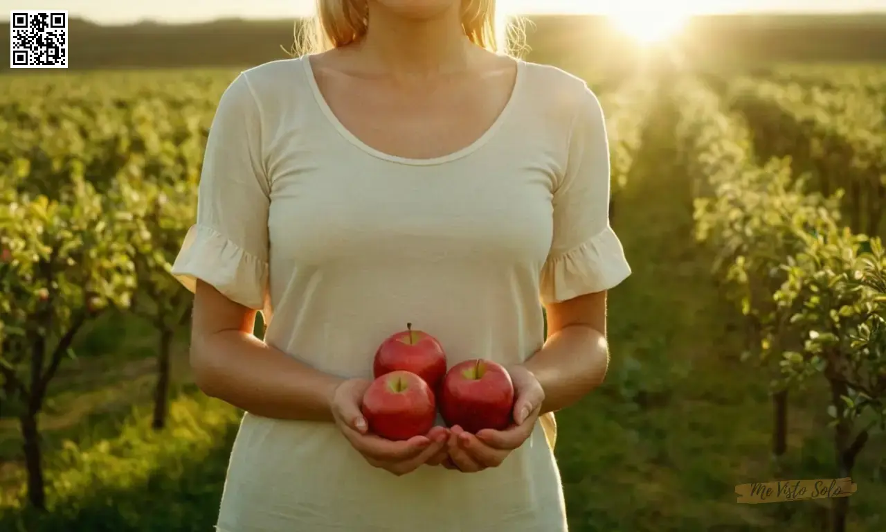 Una persona que lleva una tapa sencilla pero elegante con una sola flor y sus manos sostienen manzanas rojas vibrantes, iluminadas por la suave luz del sol.