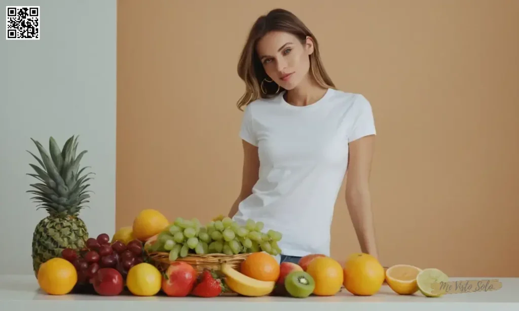 Cree un traje elegante pero casual utilizando sólo un simple té blanco y fruta fresca