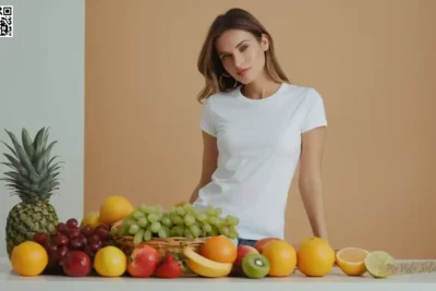 Cree un traje elegante pero casual utilizando sólo un simple té blanco y fruta fresca