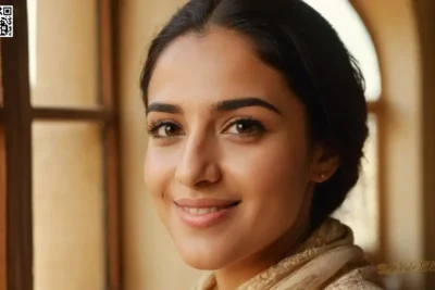 Una hermosa mujer de Oriente Medio retrato de cerca muestra sus cautivadores ojos oscuros y su piel de oliva impecable