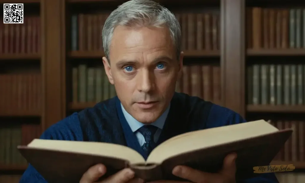 Un retrato fotorrealista de un hombre distinguido con pelo corto y ojos azules penetrantes en medio de un diseño intrincado de libros abiertos.