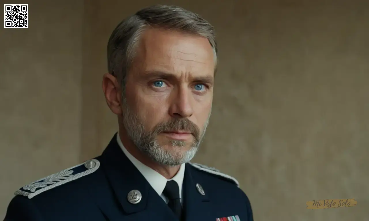 Un retrato fotorrealista muestra a un hombre digno con barba gris corta y ojos azules perforando donando un uniforme militar nítido. La iluminación sutil acentúa sus características angulares al tiempo que destaca las complejidades de los detalles del vestido, evocando el respeto por sus experiencias en un contexto invisible.