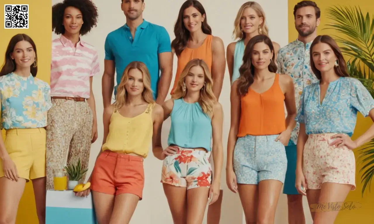 Cree una imagen vibrante que muestre un collage de coloridos tops temáticas de verano emparejados con fondos casuales para una cena informal.