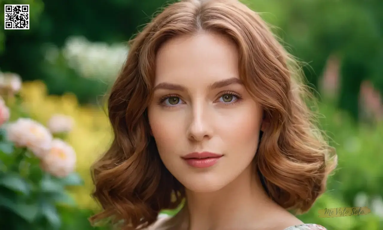 Un retrato encantador muestra a una mujer elegante con pelo castaño ondulado enmarcando su cara y sus hombros, en medio de un tranquilo jardín lleno de flores vibrantes; la imagen captura tanto la belleza como el pensamiento a través de la iluminación suave que evoca la esencia de las naturalezas.