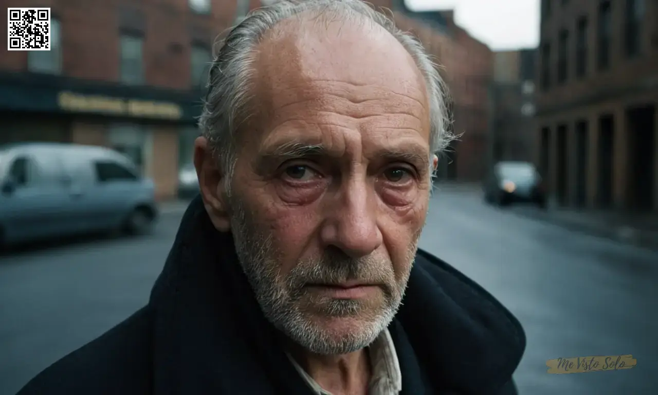 Una fotografía retrato de un hombre viejo y climatizado con líneas profundas grabadas en su visage muestra un profundo dolor que emana de los ojos melancólicos. Esta imagen sombría captura la expresión de los sujetos y el entorno, una calle encendida con edificios desmoronados, y lleva al espectador a un momento de introspección mientras su mirada se encuentra.