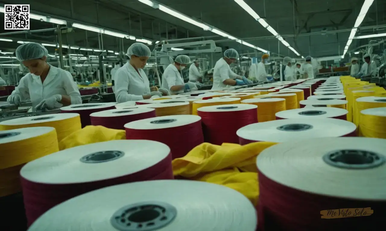 Una imagen representa una vasta industria textil, destacando los problemas de producción de bajo costo y control de calidad en contraste con la moda de alta gama.