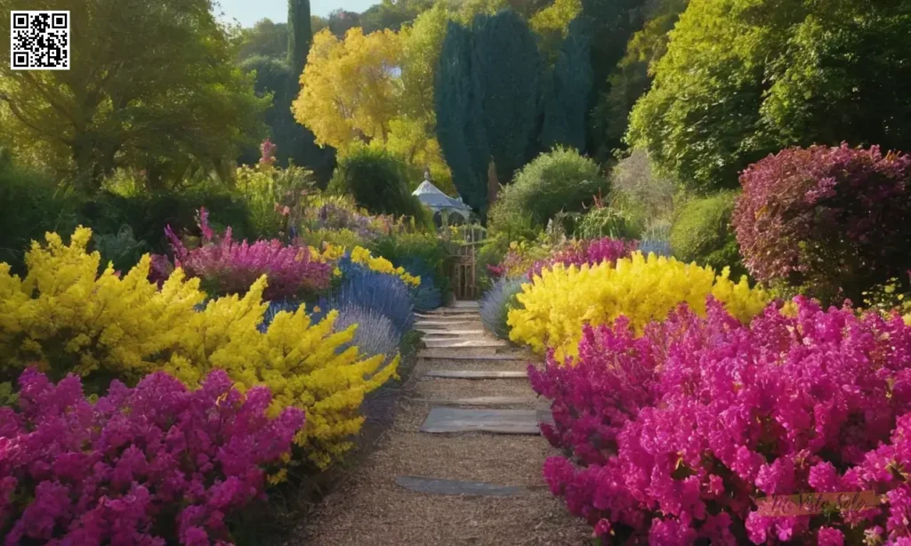 Un color magenta vibrante con colores azules y amarillos complementarios fusionándose perfectamente en relajantes ilustraciones de la naturaleza reminiscentes de Claude Monets pinturas de jardín tardío.