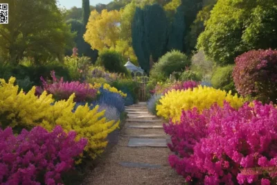 Un color magenta vibrante con colores azules y amarillos complementarios fusionándose perfectamente en relajantes ilustraciones de la naturaleza reminiscentes de Claude Monets pinturas de jardín tardío.