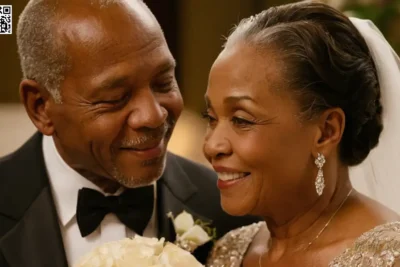 Cree un retrato cercano de las parejas afroamericanas mayores celebrando su aniversario dorado durante su día de boda. La imagen debe captar la interacción única entre estos sabios socios e incorporar elementos simbólicos que resaltan la importancia durante tales celebraciones de hito. Utilizar iluminación suave para acentuar las arrugas