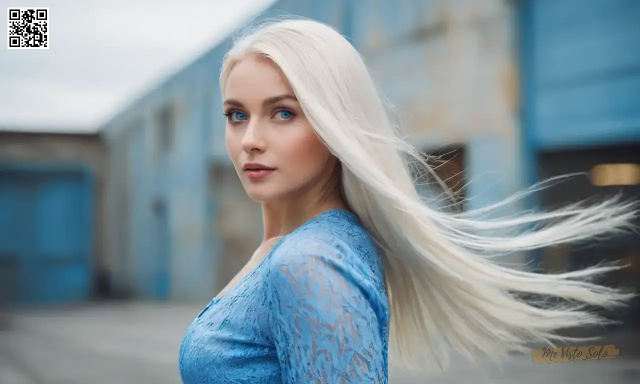 Crear una fotografía de estilo impresionista con el cautivante alusión de una mujer de Europa del Este con ojos azules llamativos y pelo platino fluyendo en enfoque suave contra un fondo industrial borroso, capturando la gracia etérea en medio del caos urbano.