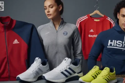 Cree una imagen que represente ropa deportiva de alta calidad de varias marcas principales con características distintas que muestran las texturas únicas de cada prenda y logotipo.