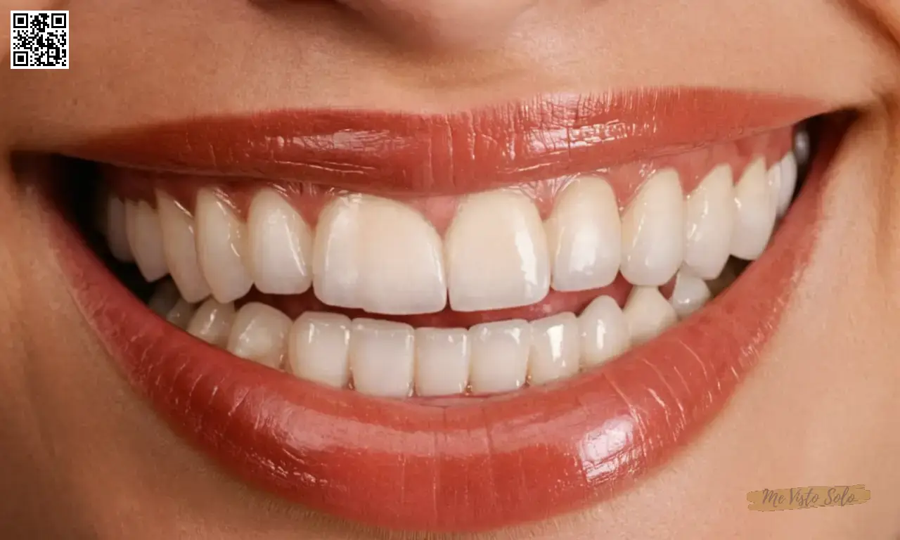 Un retrato de cerca con una perspectiva dramática que muestra los dientes de esmalte brillantes y gomas crujientes de sonrisas de celebridad, acompañado de una capción intrigante que describe la historia de los dientes blancos.