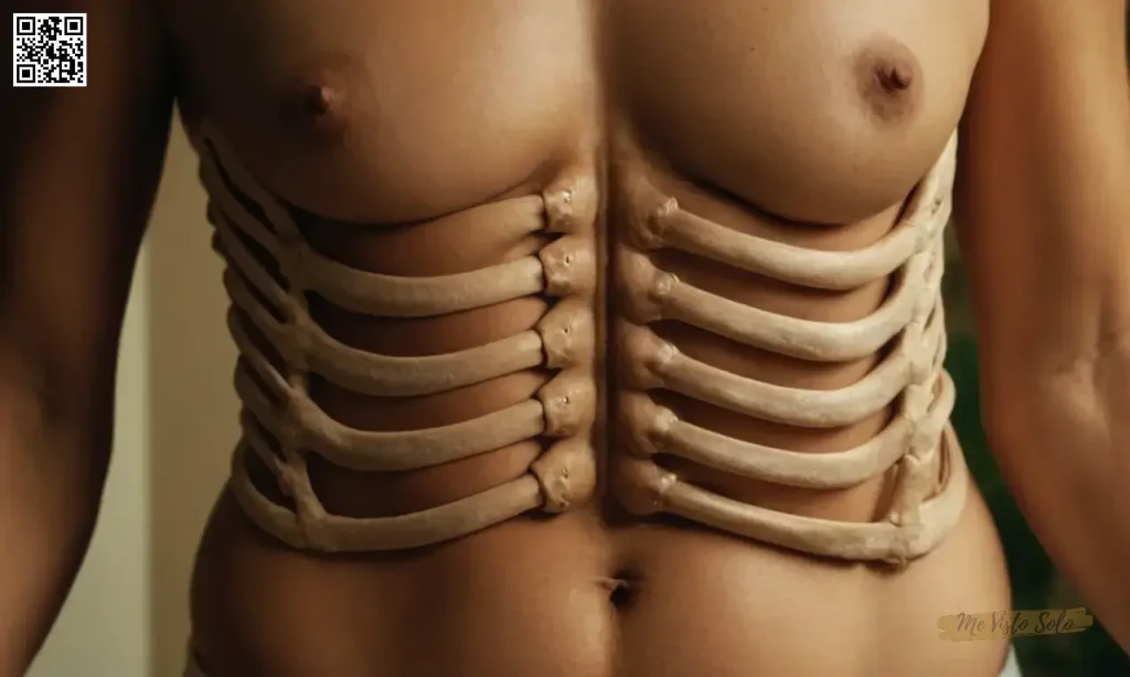 Depict a person with prominent ribcage in close-up shot showcasing hidden abdominal rolls.